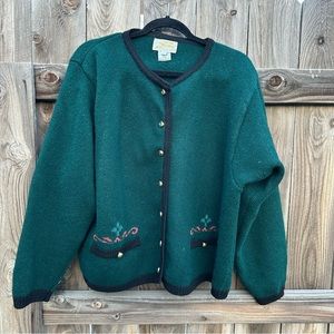Millar Pure New Wool Women Green Chunky Cardigan Black Trim Made in Ireland Sz L